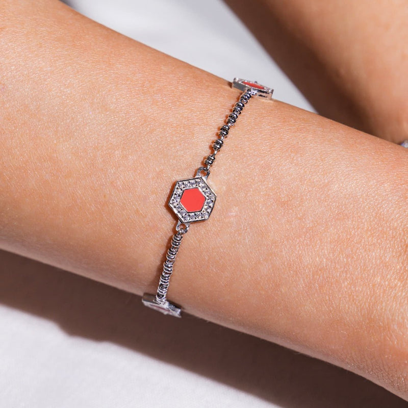 Deco Statement Bracelet in Silver With Red, Coral & Pavé