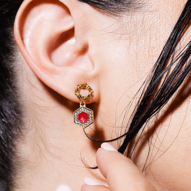 Deco Statement Earrings in Gold With Red & Pavé