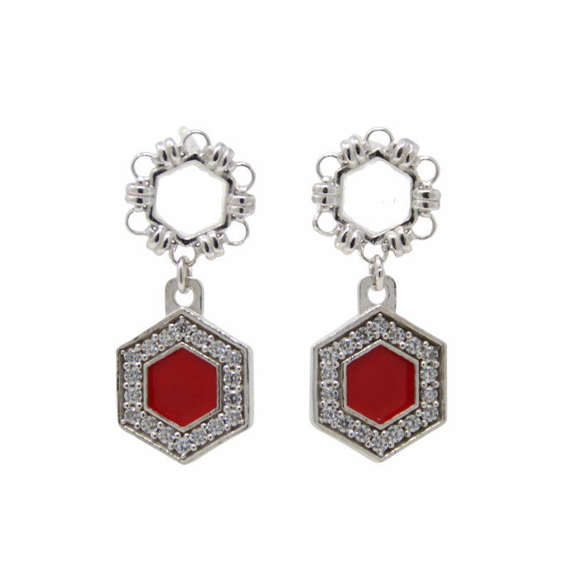 Deco Statement Earrings in Silver With Red & Pavé