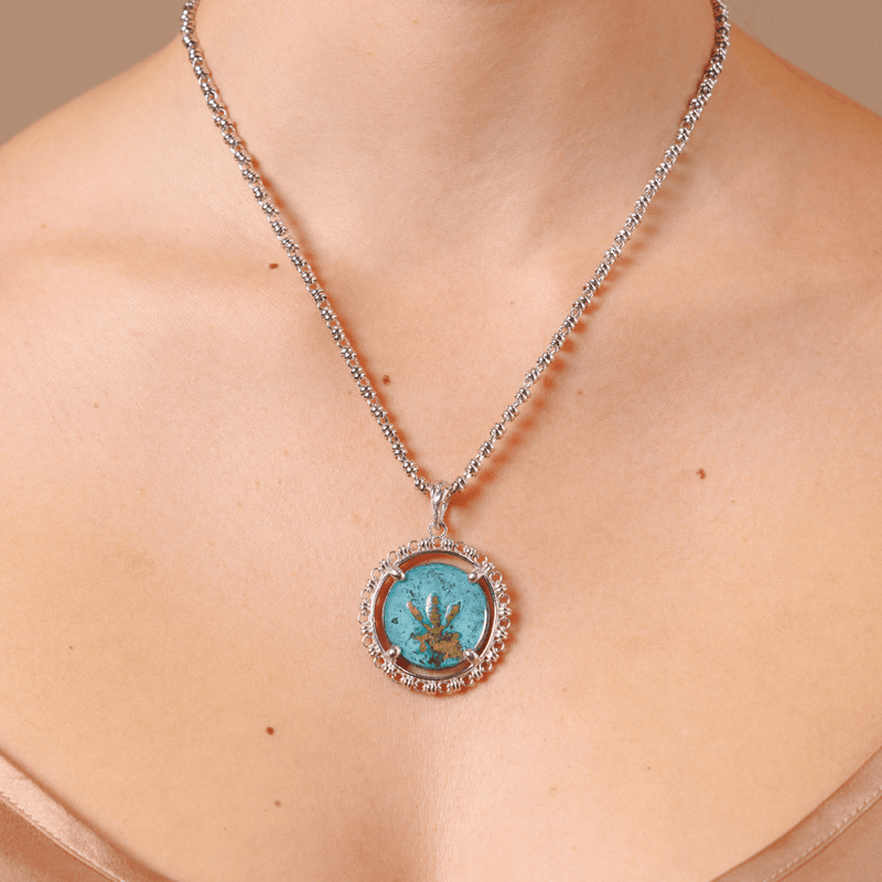 Filary Pendant in Green Patina & Silver with Bee Coin