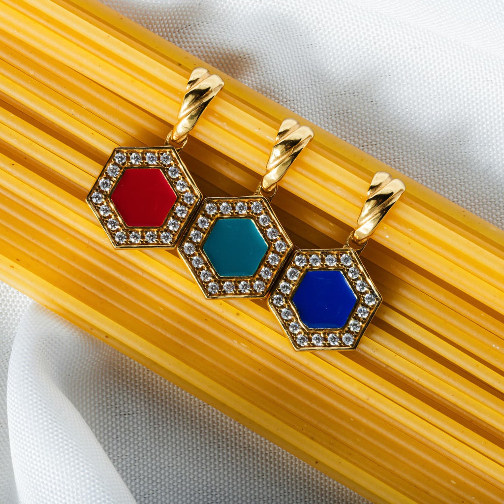 Deco Pendant in Gold With Red, Coral & Pavé