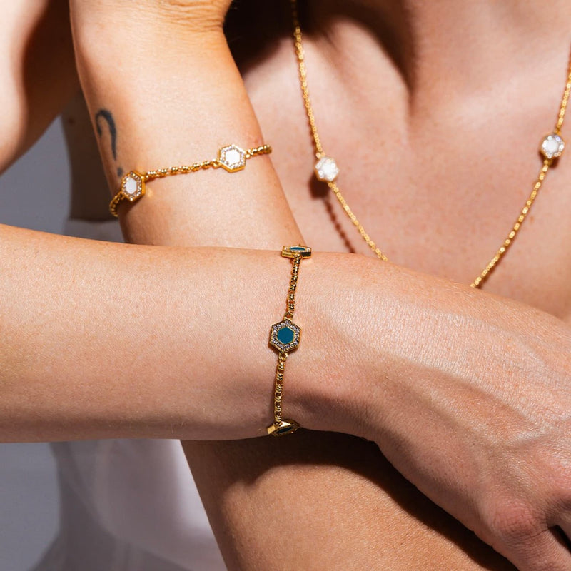 Deco Statement Bracelet in Gold With Green, White & Pavé