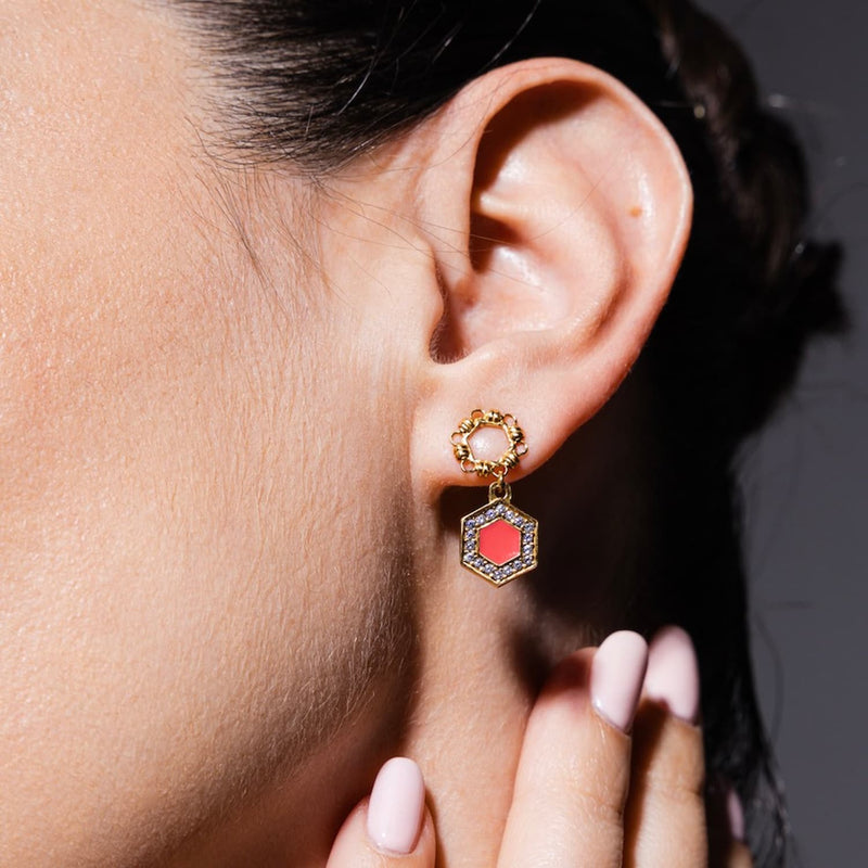 Deco Statement Earrings in Gold With Coral & Pavé