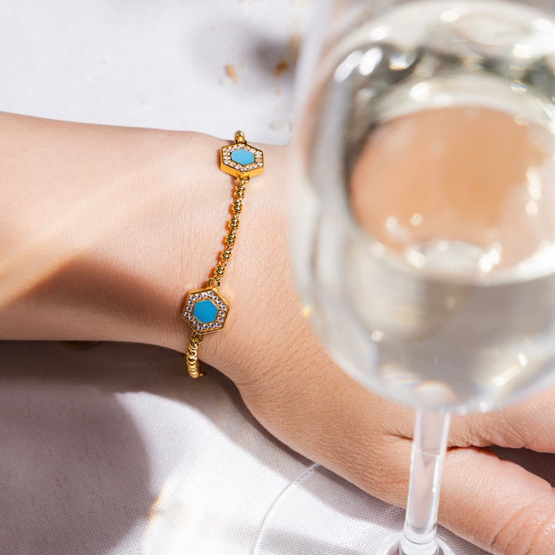 Deco Statement Bracelet in Gold With Blue, Turquoise & Pavé