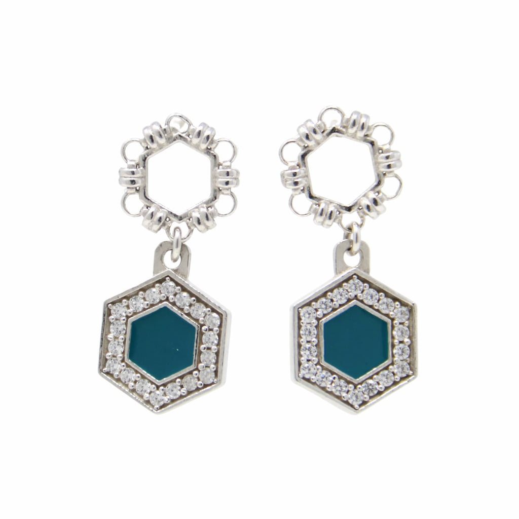 Deco Statement Earrings in Silver With Green & Pavé
