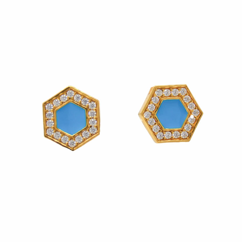 Deco Stud Earrings in Gold With Turquoise & Pavé