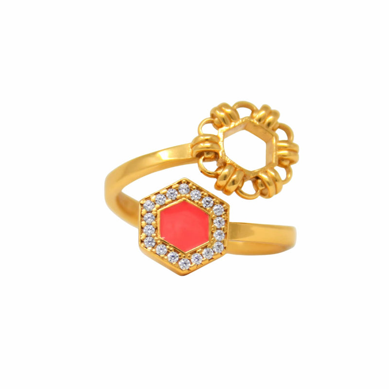 Deco Statement Ring in Gold With Coral & Pavé