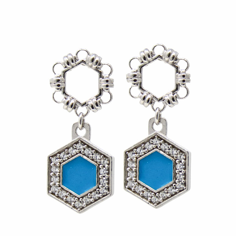 Deco Statement Earrings in Silver With Turquoise & Pavé