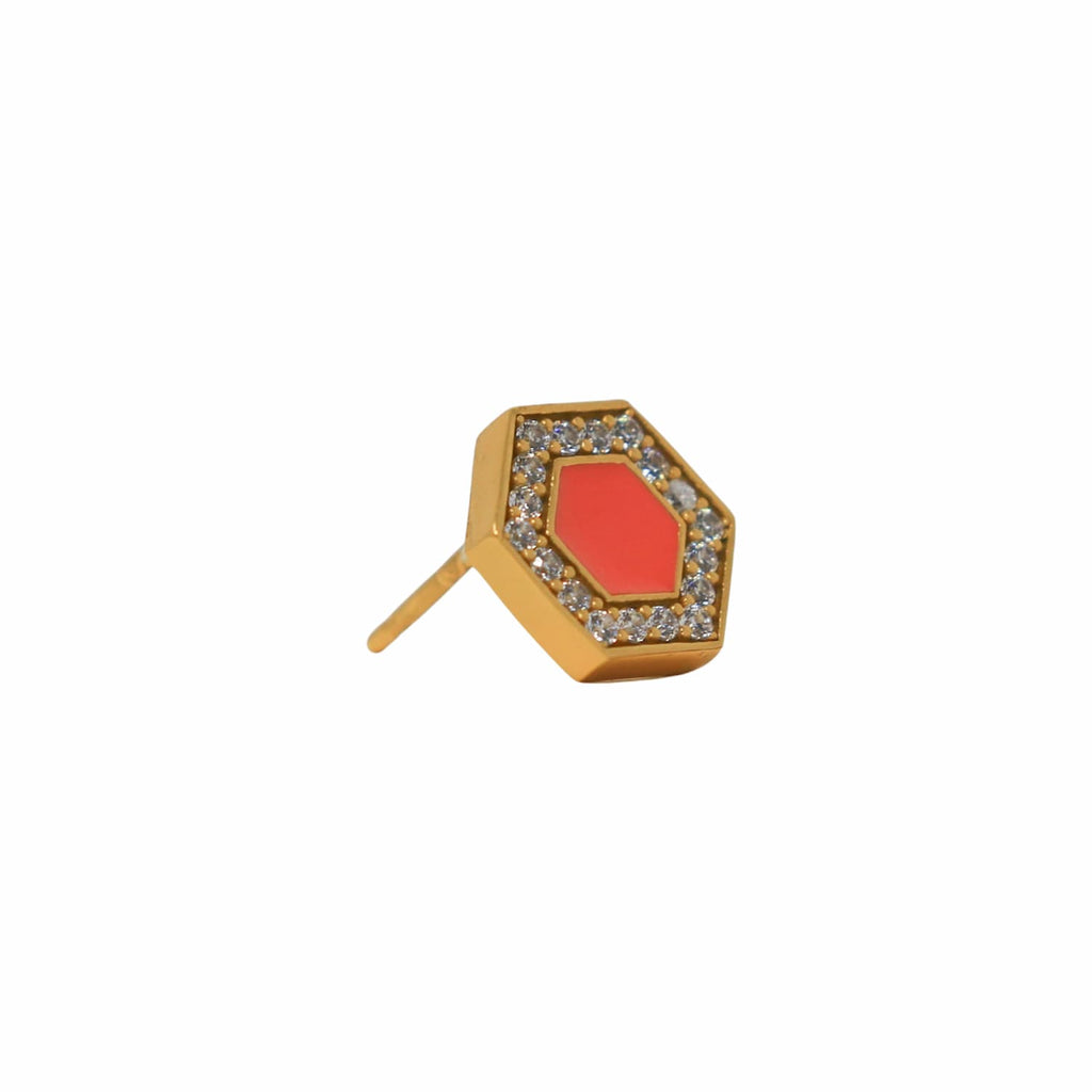 Deco Stud Earrings in Gold With Coral & Pavé