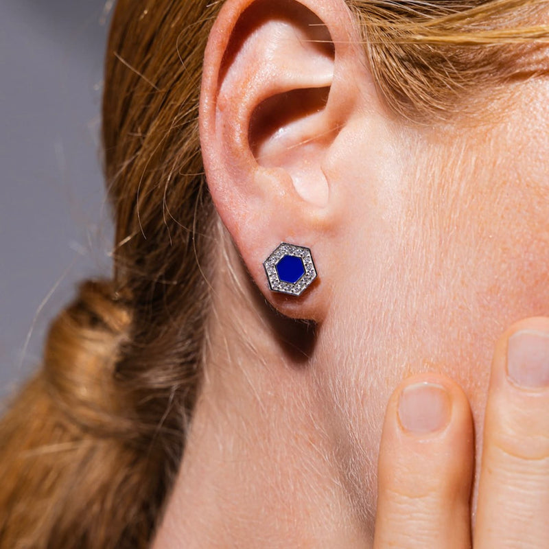 Deco Stud Earrings in Silver With Blue & Pavé