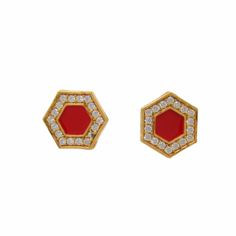 Deco Stud Earrings in Gold With Red & Pavé