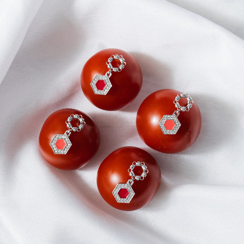 Deco Statement Earrings in Silver With Coral & Pavé