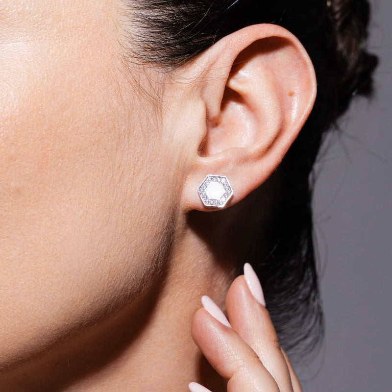 Deco Stud Earrings in Silver With White & Pavé