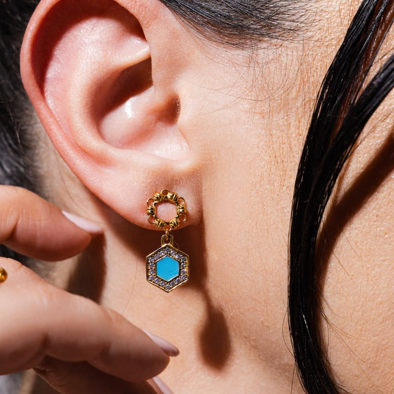 Deco Statement Earrings in Gold With Turquoise & Pavé