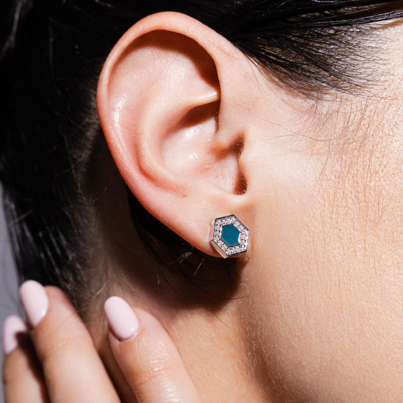 Deco Stud Earrings in Silver With Green & Pavé