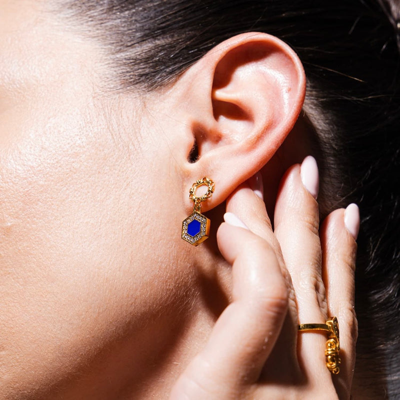 Deco Statement Earrings in Gold With Blue & Pavé
