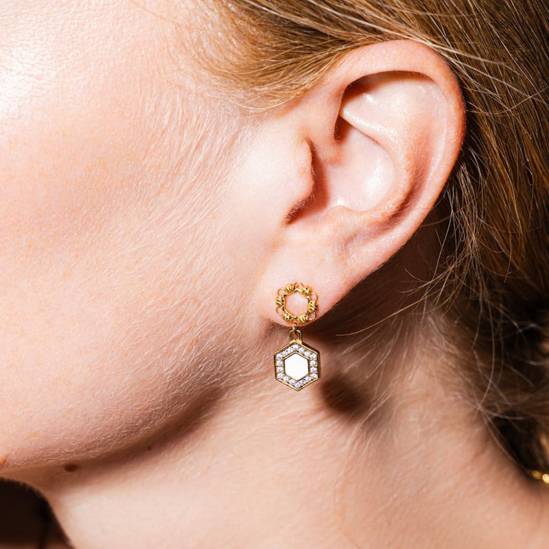 Deco Statement Earrings in Gold With White & Pavé