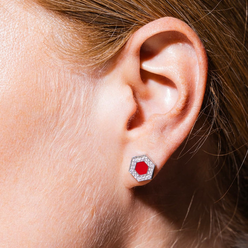 Deco Stud Earrings in Silver With Red & Pavé