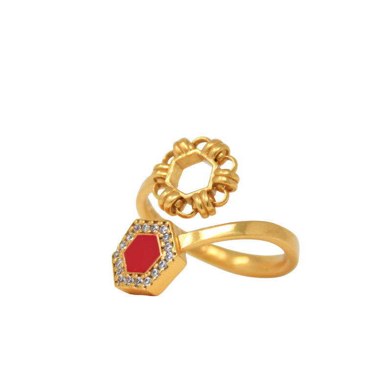 Deco Statement Ring in Gold With Red & Pavé