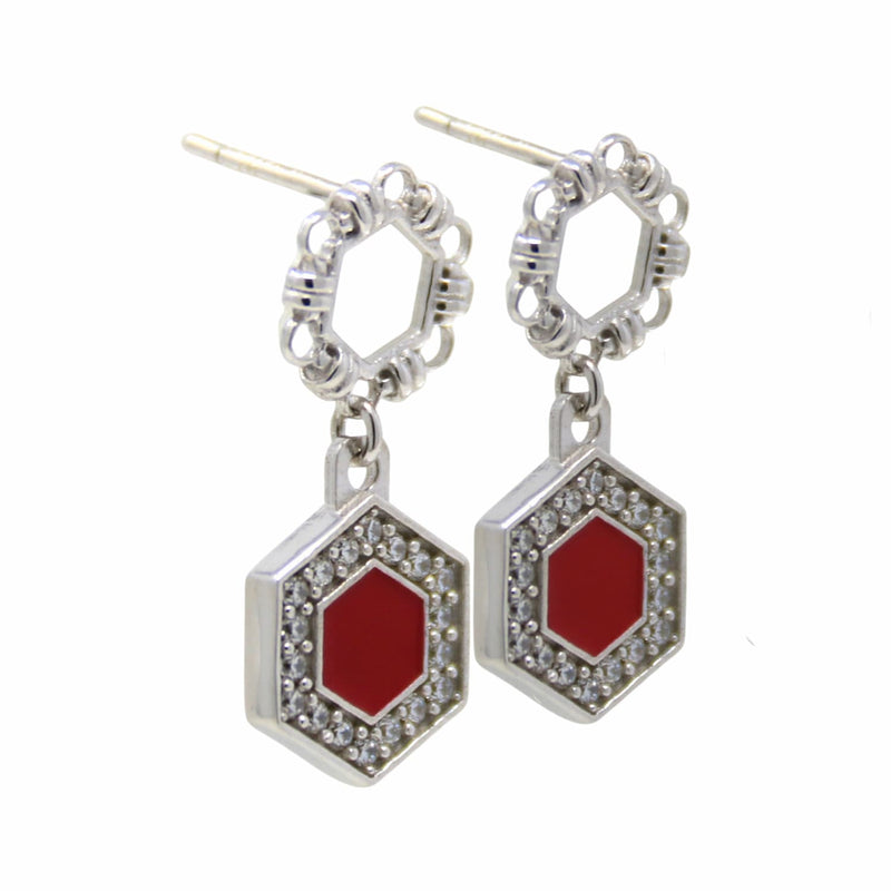 Deco Statement Earrings in Silver With Red & Pavé
