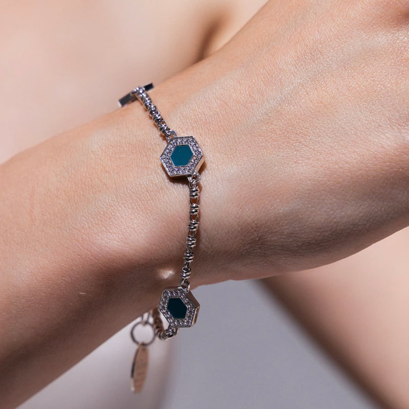 Deco Statement Bracelet in Silver With Green, White & Pavé