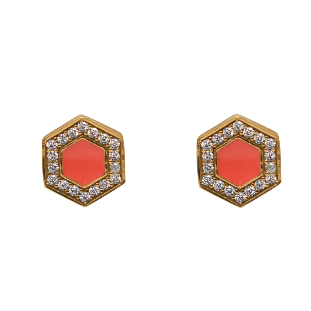 Deco Stud Earrings in Gold With Coral & Pavé