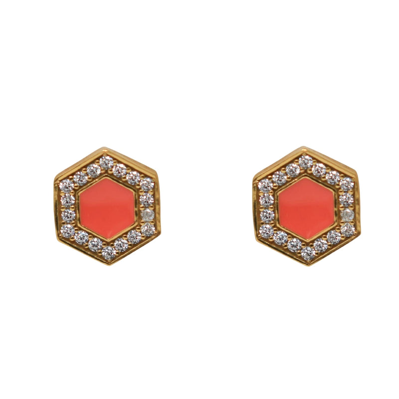 Deco Stud Earrings in Gold With Coral & Pavé