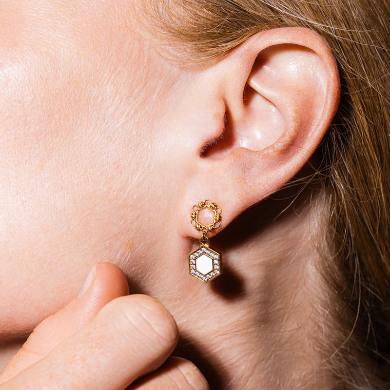Deco Statement Earrings in Gold With White & Pavé
