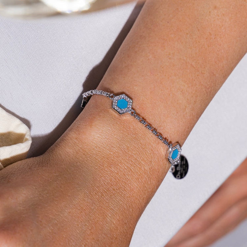 Deco Statement Bracelet in Silver with Blue, Turquoise & Pavé