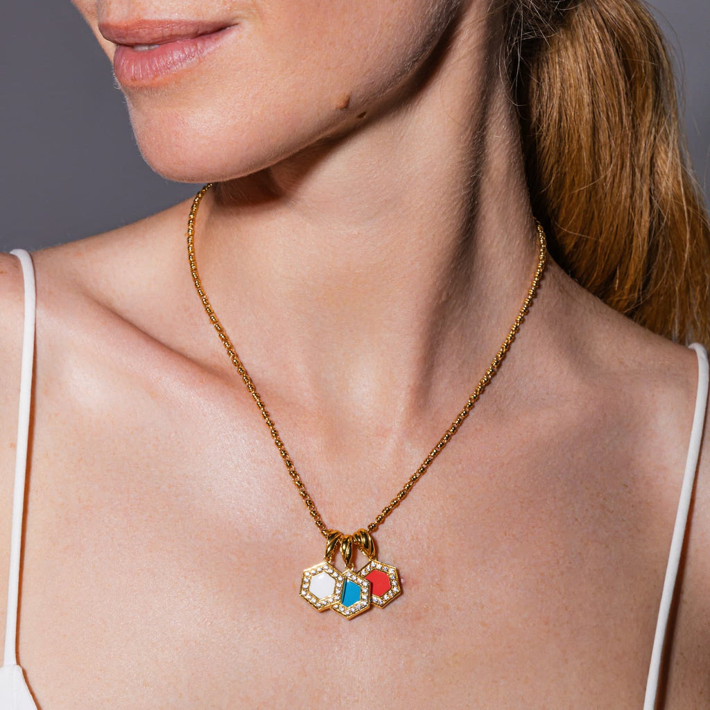 Deco Pendant in Gold With Red, Coral & Pavé