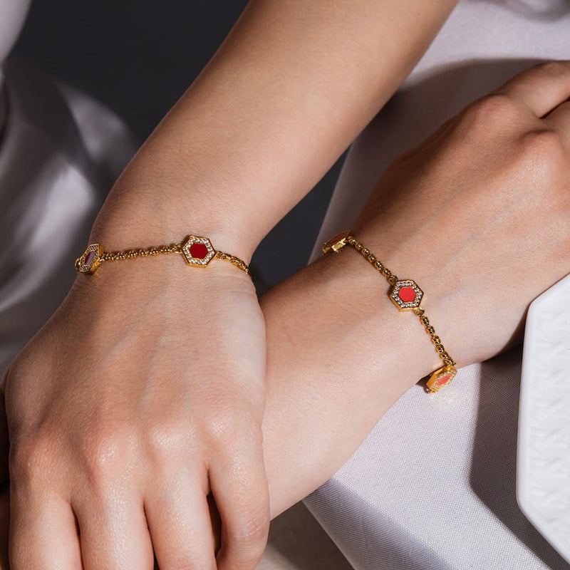 Deco Statement Bracelet in Gold With Red, Coral & Pavé