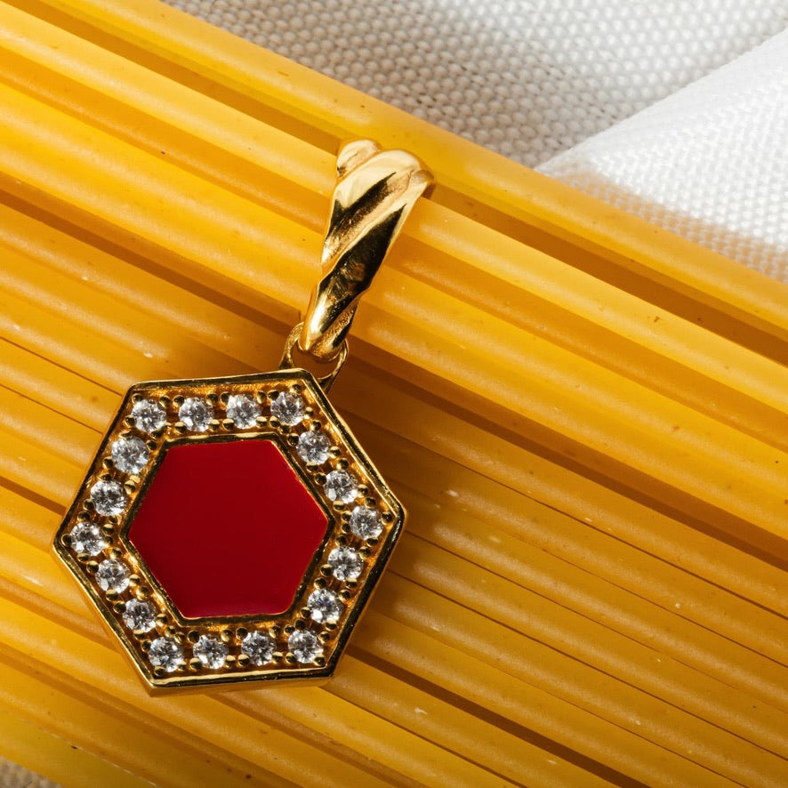 Deco Pendant in Gold With Red, Coral & Pavé