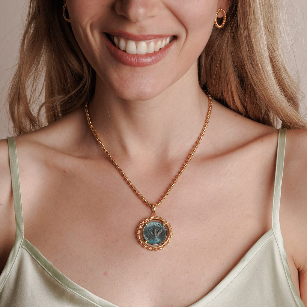 Filary Pendant in Green Patina & Gold with Bee Coin