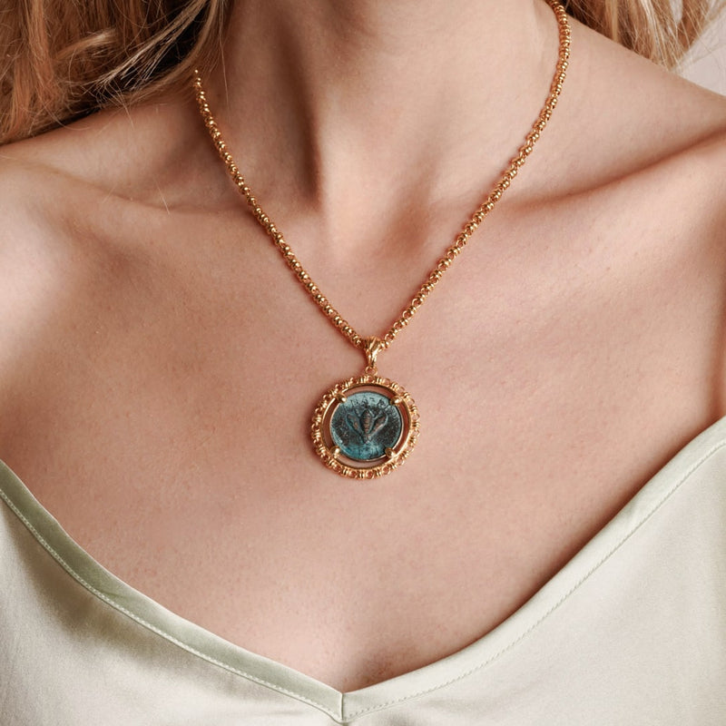 Filary Pendant in Green Patina & Gold with Bee Coin