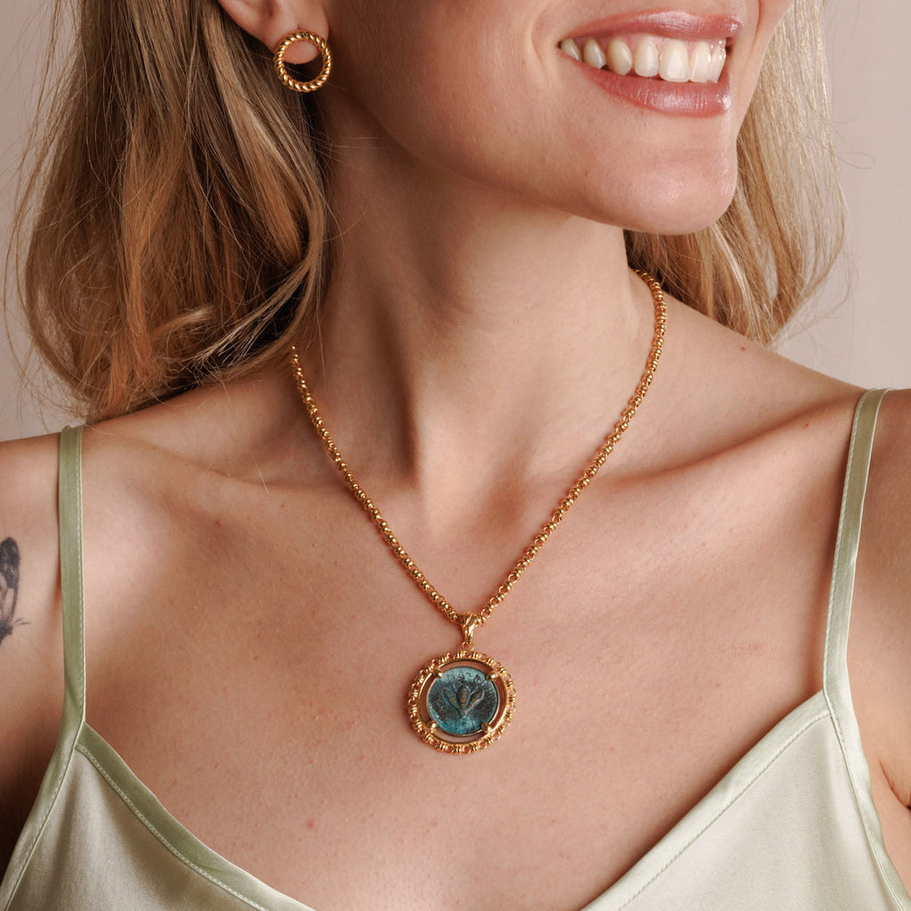 Filary Pendant in Green Patina & Gold with Bee Coin