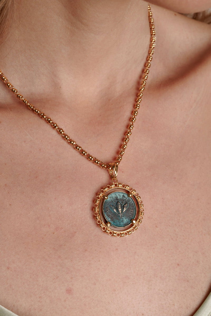 Filary Pendant in Green Patina & Gold with Bee Coin