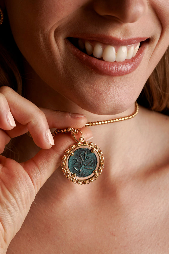 Filary Pendant in Green Patina & Gold with Bee Coin