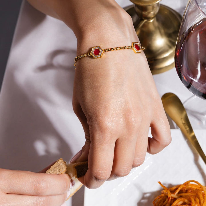 Deco Statement Bracelet in Gold With Red, Coral & Pavé