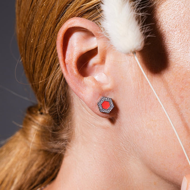 Deco Stud Earrings in Silver With Coral & Pavé