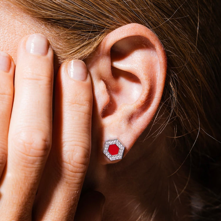 Deco Stud Earrings in Silver With Red & Pavé