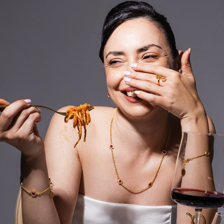 Deco Statement Necklace in Gold With Red, Coral & Pavé