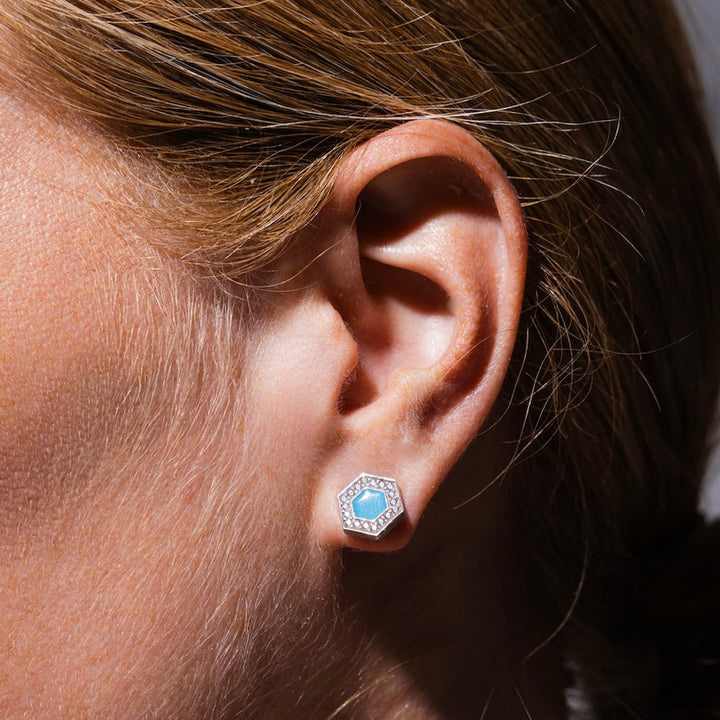 Deco Stud Earrings in Silver With Turquoise & Pavé
