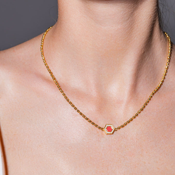 Deco Necklace in Gold With Red, Coral & Pavé