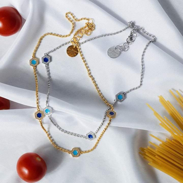 Deco Statement Necklace in Gold With Blue, Turquoise & Pavé