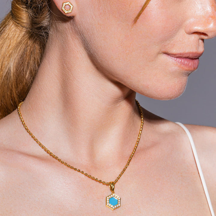 Deco Pendant in Gold With Blue, Turquoise & Pavé