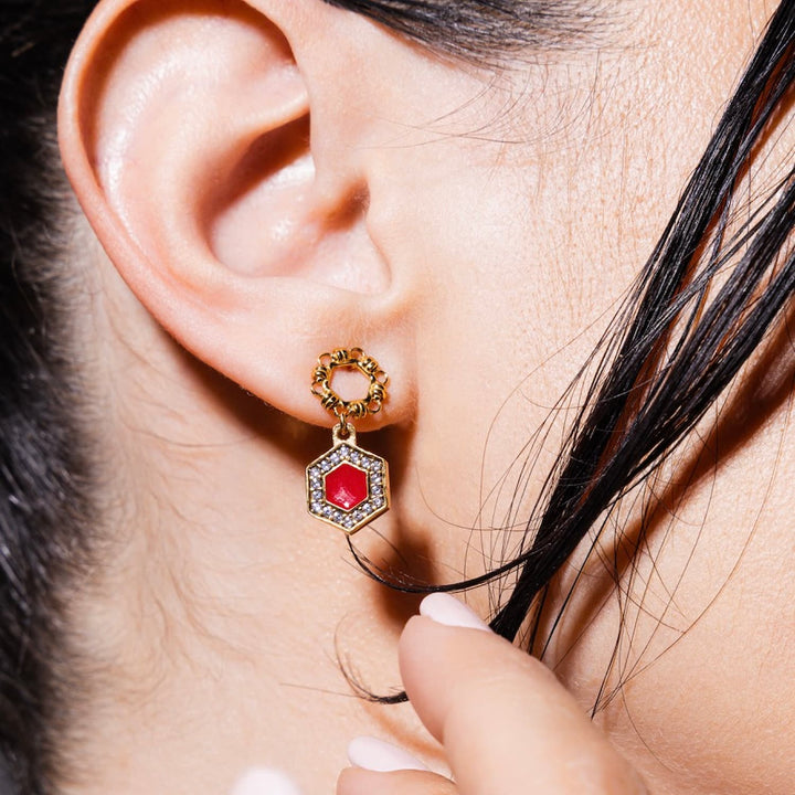 Deco Statement Earrings in Gold With Red & Pavé