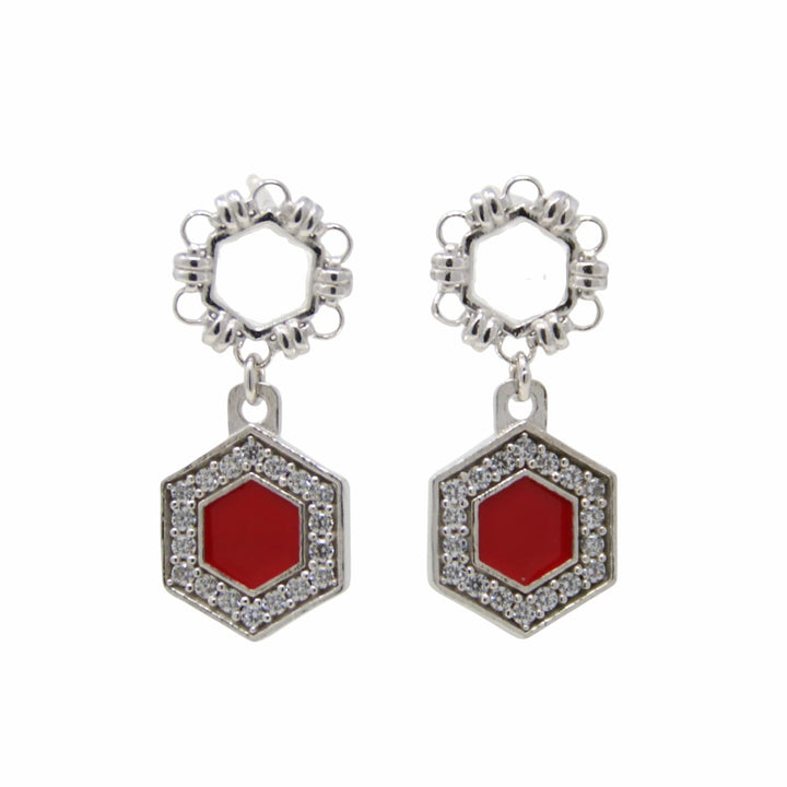 Deco Statement Earrings in Silver With Red & Pavé
