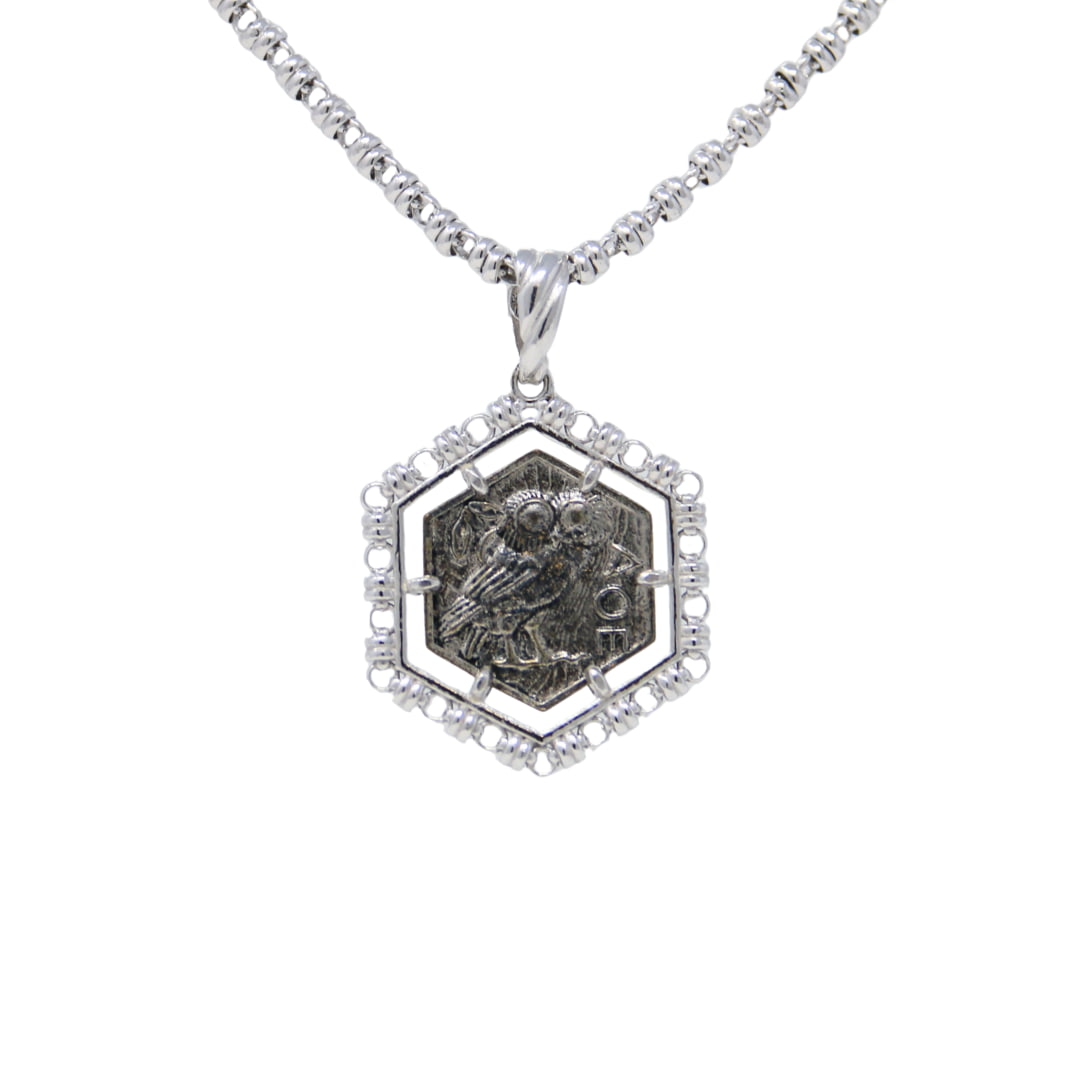 Hexagon Filary Pendant in Silver with Antique Silver Owl Tile