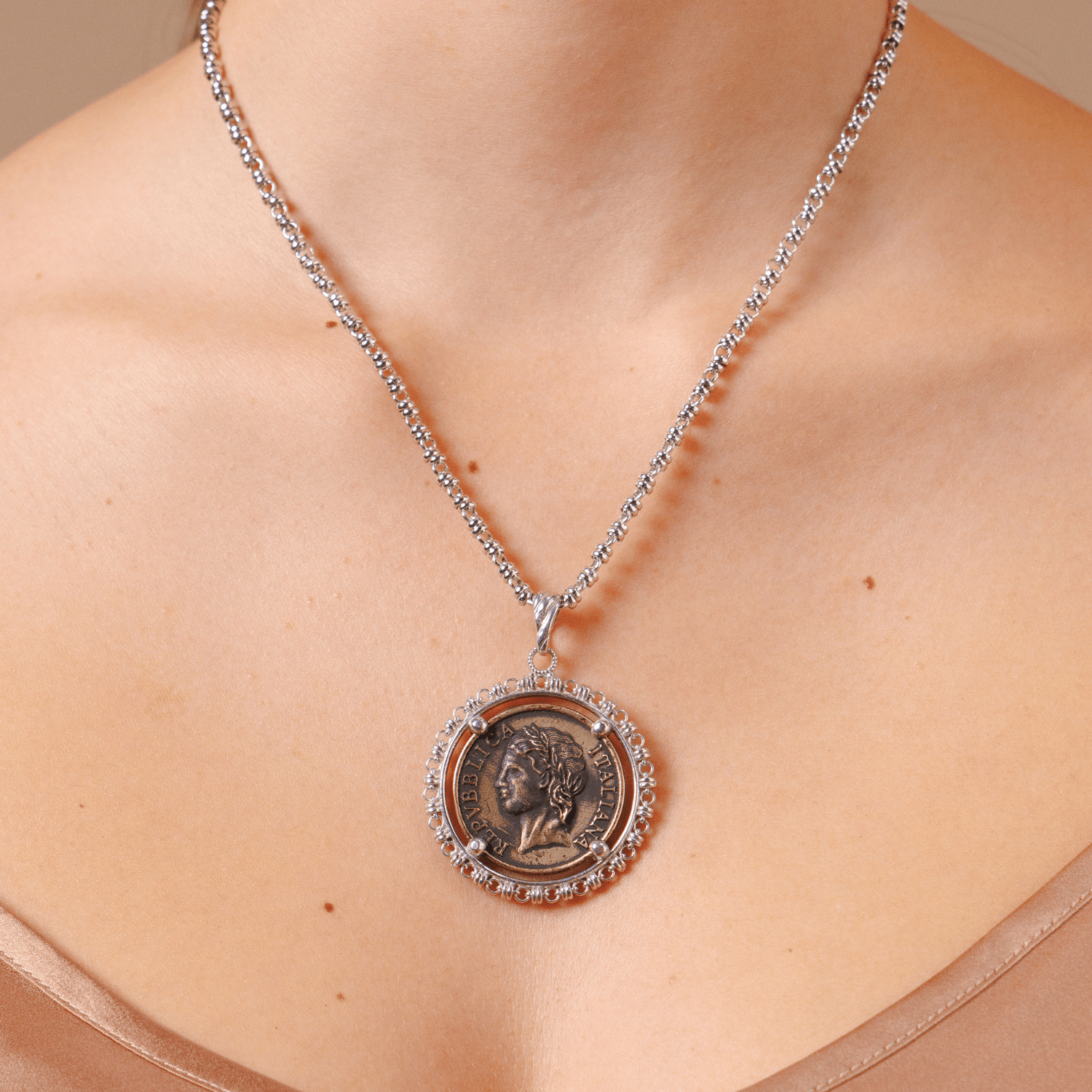 Large Filary Pendant in Gold with Italia Coin in Antique Silver