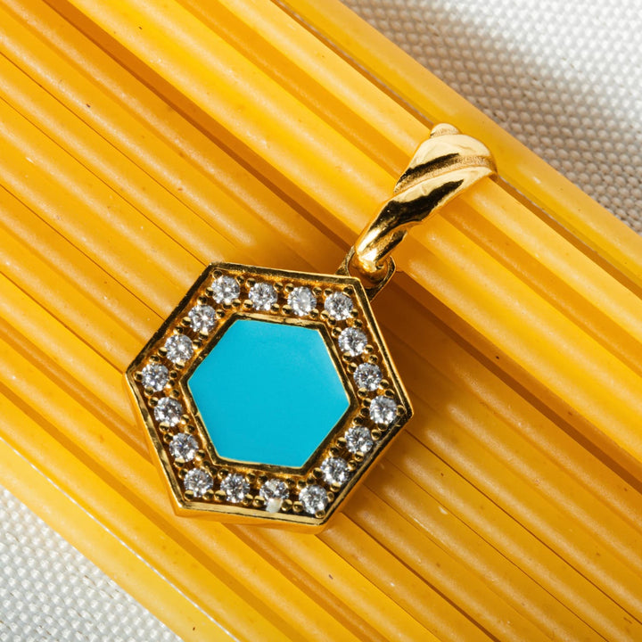 Deco Pendant in Gold With Blue, Turquoise & Pavé